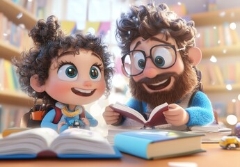 Joyful Learning Scene with Cartoon Characters Featuring a Child and an Adult Reading Together in an Animated Library Setting with Bright Colors and Warm Atmosphere
