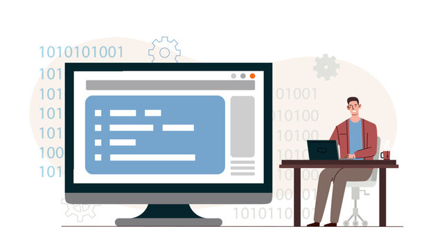 Programmer write code. Man with laptop develops program or application. Employee at workplace. IT specialist create website template. Flat vector illustration isolated on white background
