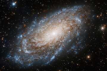 Obraz premium A spiral galaxy with a bright core and swirling arms, seen against a backdrop of stars.