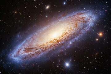 Fototapeta premium A spiral galaxy with a bright core and swirling arms of dust and gas in a dark, star-filled space.