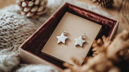 Delicate silver earrings shaped like stars, beautifully presented in cozy setting with pine cones and soft textures, perfect for gifting or personal use