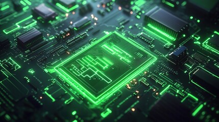 Fototapeta premium A close-up of a futuristic circuit board with glowing green elements.