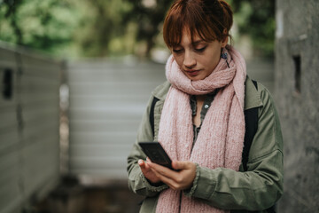 Fototapeta premium A young woman with a pink scarf stands outdoors, focused on her smart phone, creating an atmosphere of connectivity and introspection.