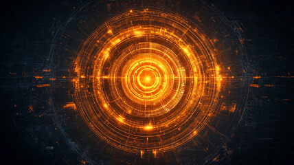 Fototapeta premium abstract background with glowing orange circular patterns and digital elements