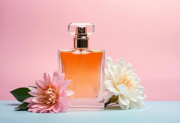 A bottle of perfume surrounded by pink and purple flowers on a colorful background