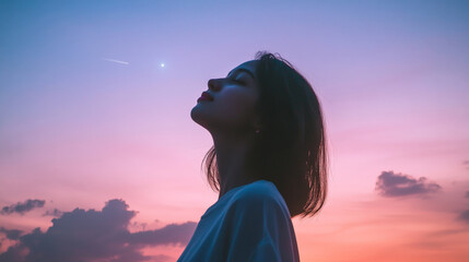 person looking up at sky during sunset, admiring shooting star. vibrant colors of sky create serene atmosphere