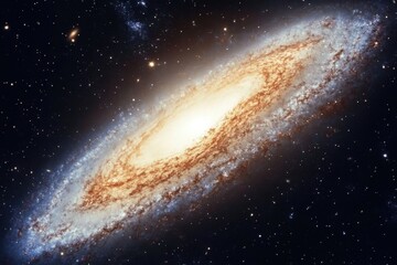 Fototapeta premium A spiral galaxy with bright core and swirling arms against a black background with stars.