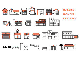 シンプルでフラットな街の建物のアイコンセット