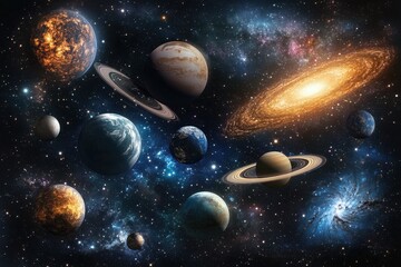 A stunning cosmic scene with planets, galaxies, and stars in a dark, starry background.