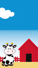 Naklejka premium Cute cow standing near red barn under blue sky with clouds