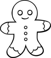 Gingerbread man cookie for Christmas decoration hand drawn black outline on white fill coloring book illustration