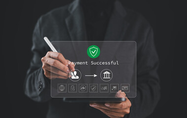 Successful Payment Confirmation in Online Digital Banking. Businesswoman holds tablet displaying "Payment Successful" message, with icons represent online transactions, financial technology, fintech