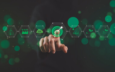 Green Energy and Sustainability Concept. Women with icons represent green energy, sustainability, environmental conservation, modern eco-friendly technology. Carbon footprint, target sustainability.