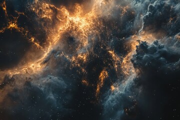 A stunning nebula with swirling orange and blue clouds.