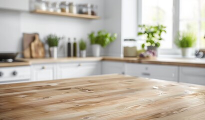 Modern white kitchen featuring a wooden empty tabletop.