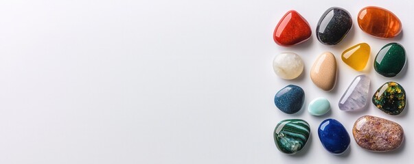 A vibrant collection of polished gemstones in various colors and shapes, showcasing their natural beauty against a plain background