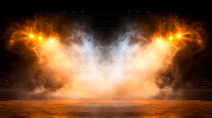 Naklejka premium Stage dark background is lit up bright orange stadium arena lights