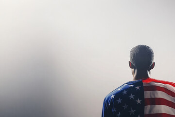 Homme de dos enveloppé dans un drapeau américain,  sur un fond minimaliste et lumineux avec espace négatif copyspace. Qui pour porter l'Amérique ?