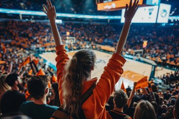 Supportive Fans Cheering and Waving Banners at Basketball Game