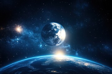 A stunning view of Earth from space, showing the planet against a backdrop of stars and a rising sun.