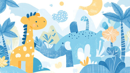 Obraz premium Playful animal illustration featuring giraffe and dinosaur in colorful landscape