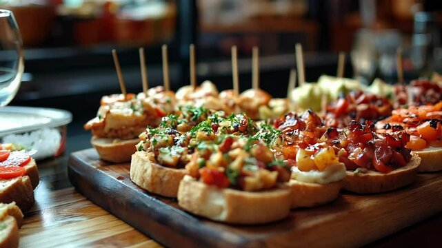 Explore a vibrant food market in Spain where colorful tapas are being expertly prepared and displayed. Each bite promises a burst of flavors, showcasing local ingredients and culinary artistry.