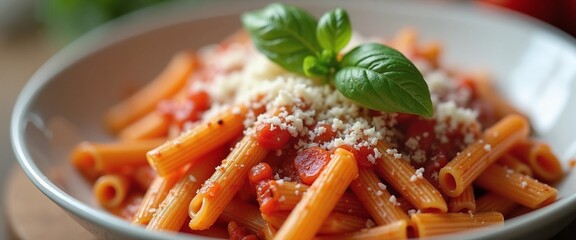 Penne arrabbiata with grated cheese and basil for food blogs, recipe websites, Italian cuisine promotions, and culinary education (187 characters)
