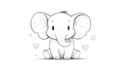Obraz premium Cute baby elephant sketch with soft, neutral background, surrounded by hearts and butterflies, evoking sense of joy and innocence