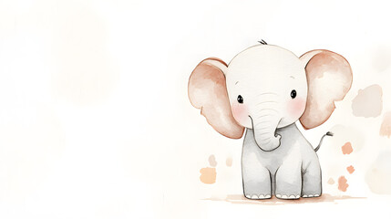 Fototapeta premium cute baby elephant stands playfully against soft, neutral background, showcasing its large ears and gentle expression. This charming illustration captures innocence and joy of youth