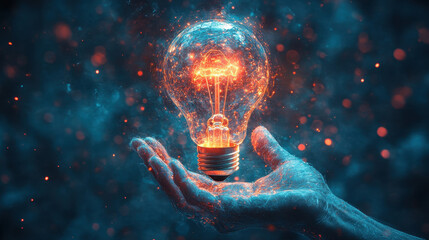 Innovation Concept: Hand Holding Drawing Virtual Lightbulb with Brain