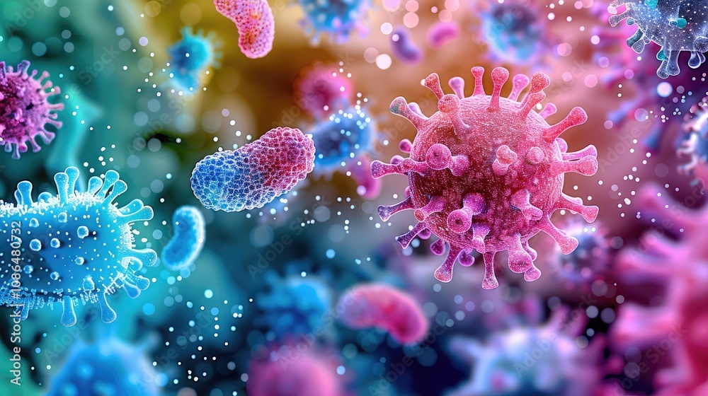 Poster A vibrant, microscopic view of various bacteria and viruses in a colorful, dynamic array set against a soft.