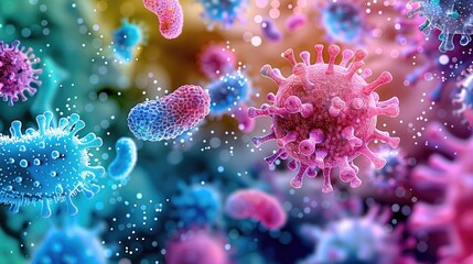 Naklejka premium A vibrant, microscopic view of various bacteria and viruses in a colorful, dynamic array set against a soft.