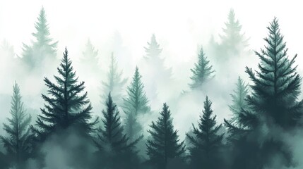 Obraz premium Digital illustration dense forest tall pine trees Hand painted watercolor illustration