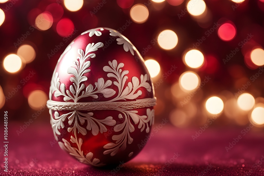 Wall mural A close-up of a shiny metallic easter egg with a floral design set against a deep red bokeh background, Ai Generated