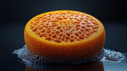 A vibrant orange slice with a textured surface and bubbles.