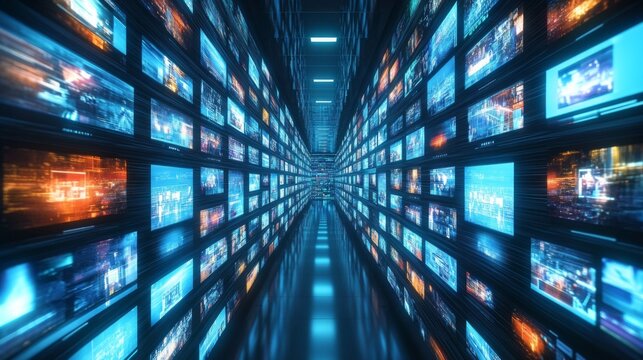 Long narrow corridor multiple rows television screens either The concept of digital