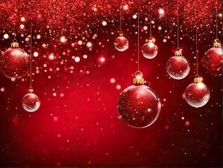 Christmas Tree In Red Glitter Background - Bubbles Hanging On Fair With Abstract Lights