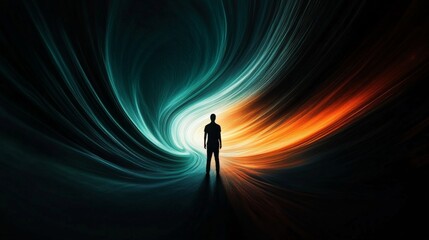 Fototapeta premium Silhouette person standing center dark tunnel appears Staring into the abyss