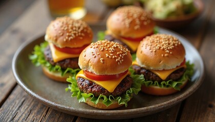 Mini cheeseburgers for food blogs, party catering, menu design, and appetizer inspiration - perfect for events, gatherings, and casual dining presentations