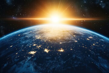 A sunrise over Earth as seen from space, with city lights illuminating the planet.