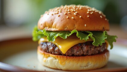 Juicy cheeseburger with sesame bun for food blogs, menu designs, and social media posts - perfect for summer barbecues, casual dining, and fast food advertising