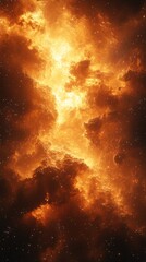 A vibrant cosmic scene with fiery clouds and glowing light.