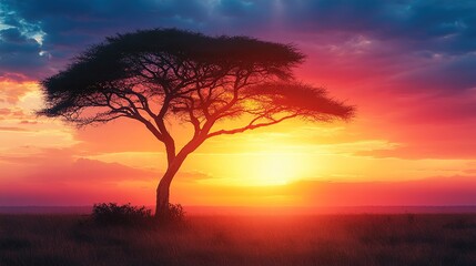 Fototapeta premium A serene landscape featuring a silhouetted tree against a vibrant sunset.