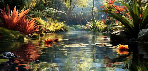 Scenic Australian wetland with birdlife and vibrant plant reflections in the water ,