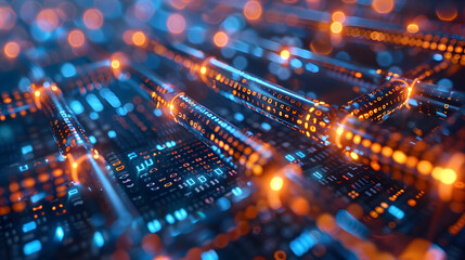 Block chain networkBlockchain network concept , Distributed register technology , Block chain text and computer connection with colored background