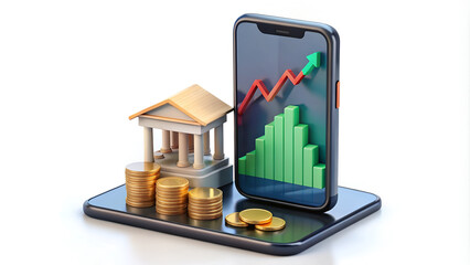 A 3D stock trading analysis with a mobile phone icon.