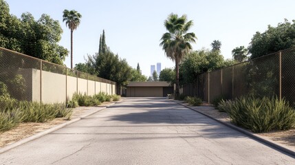 Obraz premium A serene street view lined with greenery and palm trees.