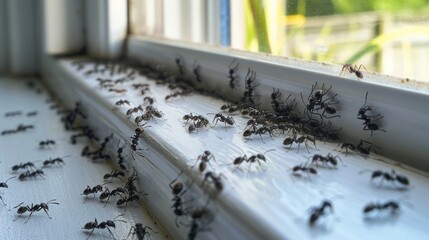 Home Invasion: Ants on Windowsill Displaying Orderly Behavior