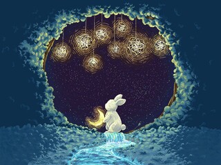 Rabbit holding the moon in a cave with a stream, adorned with glowing lights and thousands of stars in the background in pixel art style 