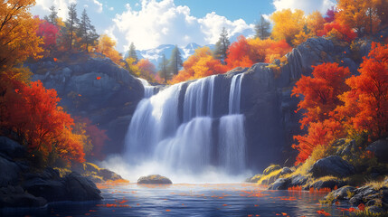 Fototapeta premium waterfall surrounded by colorful autumn foliage in the mountains